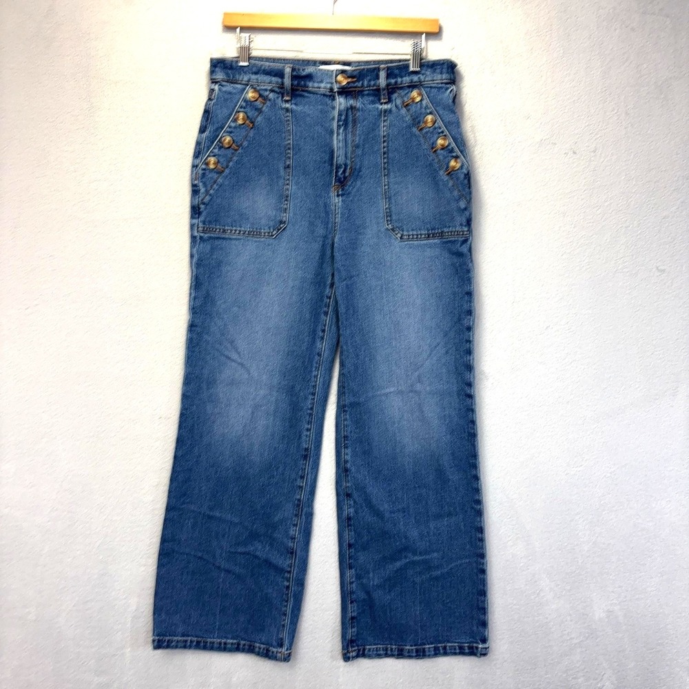 LOFT The Wide Leg High Rise Jeans Womens 29 / 8 Medium Wash Blue Button Accents‎